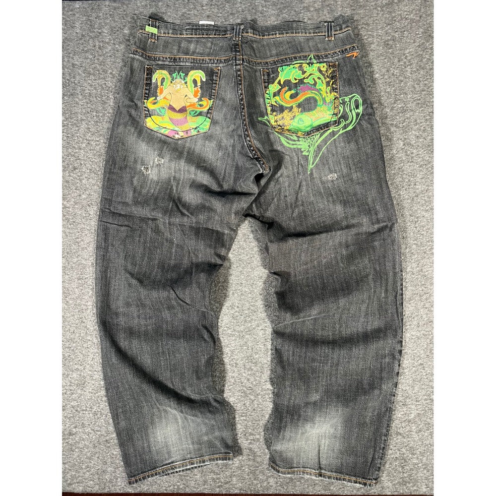 Vtg Azzure Love Life Denim Jeans 44x34 Mens Baggy Y2K Embroidered Streetwear Blk
